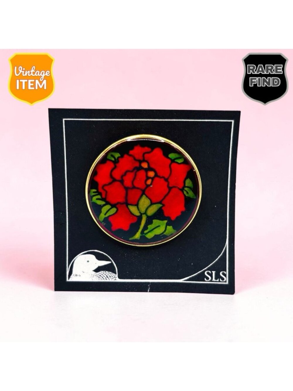 Vintage High Gloss Poppy Flower With Stem Large Size Lapel Pin with Gold Border.
